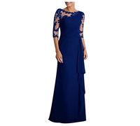 Lemoiitea Robe longue pour femme - Couleur unie - Manches mi-longues - Col rond - Style décontracté - Coupe ajustée - Robe longue élégante en dentelle - Robe de bal élégante - Costumes de mariage,