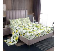 Lemon Bottom Sheet Queen,Summer Fruits Bedding Set for Kids Teens Adults Girls Room Decor,Green Leaves Plants Sheet Set Fresh Nature Yellow White 4pcs Fitted Sheet+Flat Sheet+2 Pillowcases