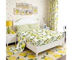 Lemon Bottom Sheet Queen,Summer Fruits Bedding Set for Kids Teens Adults Girls Room Decor,Green Leaves Plants Sheet Set Fresh Nature Yellow White 4pcs Fitted Sheet+Flat Sheet+2 Pillowcases