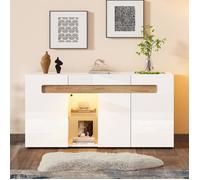 Lemonbest Buffet Salon LED 140 x 40 x 70 cm Armoire de Salon avec 3 Portes et étagère en Verre, Meuble de Rangement, Blanc