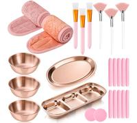 LemonRoad Lot de 25 fournitures esthéticiennes pour le visage, 3 bols mélangeurs en acier inoxydable, 2 plateaux de service, 6 brosses, 2 bandeaux, 12 éponges compressées pour femme, masque facial