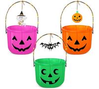 LemonRoad Lot de 3 seaux en forme de citrouille avec poignée, guirlande lumineuse et widgets, panier à bonbons Jack O Lantern pour fournitures de fête d'Halloween (orange, vert, rose rouge, fantôme
