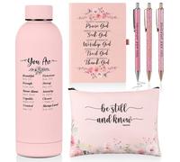 LemonRoad Lot de 6 bouteilles d'eau sous vide double couche en acier inoxydable pour femme - 500 ml - Trousse de maquillage, stylos à bille, carnet A5 pour Noël, église, cadeaux religieux (rose)