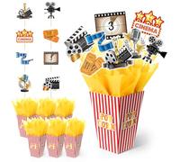 LemonRoad Lot de 6 ensembles de 74 pièces de centre de table pour soirée cinéma, décorations de table sur le thème des tickets et étoiles avec boîtes à popcorn et bâtons pour décoration de théâtre