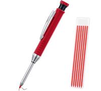 LEMONSTONE Lot de 6 marqueurs à trous profonds rouges - Avec 6 mines - Taille-crayon - Marqueur à trous profonds - Pour chantier - Pour bois, métal, pierre, carrelage et plastique