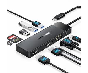 Lemorele Docking Station d'accueil USB C, Adaptateur Hub USB C 10 en 1 vers Double HDMI 4K, VGA, USB 3.0, 2 USB 2.0, 100W PD, SD/TF, AUX 3,5 mm pour MacBook Pro/HP/Dell/Lenovo/Acer et Plus