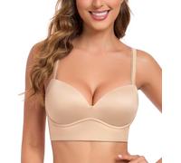 Lemorosy Soutien-Gorge pour Femmes Basic Push Up sans Armatures avec rembourré Profonde Col en V Souple Bustier T-Shirt (FR105D,Beige)