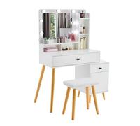 LEMROE Coiffeuse avec LED Hollywood Miroir et Tabouret,Bureau Coiffeuse Blanche avec Rangement 6 étagères Ouvertes, 2 Tiroirs et 1 Armoire