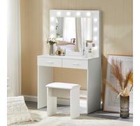 LEMROE Coiffeuse avec Miroir et Tabouret, Table de Maquillage, Coiffeuse avec Hollywood LED Miroir, 2 Tiroirs, Meuble de Chambre