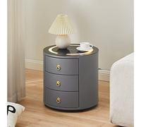 LEMROE Table de Chevet Ronde avec lumière LED réglable et Station de Recharge sans Fil en Verre, Table de Nuit Intelligente avec 3 tiroirs (1, Gris)