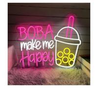 LEMST LED néon signe Enseigne Au Néon Boba Make Me Happy USB Thé Lait Lumière LED Pour Café, Bar, Restaurant, Boutique De Desserts 18.9x16.2in/48x41.2cm