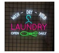 LEMST LED néon signe Enseigne Lumineuse Néon Laundry Open Daily pour Vêtements, Cintre, Éclairage LED, Lavage, Séchage, Pliage,vitrine, Entrée, 63x48cm