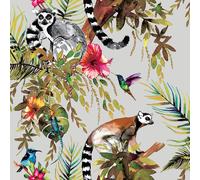 Lémurien Jungle Tropical Fleurs Exotique Animaux Argent Métallique 12401 Peint