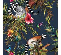 Holden Decor – Papier peint Lémurien 'Rainforest' 12403 – Animaux & Fleurs – Bleu marine