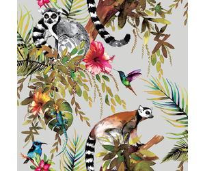 Lémurien Rainforest Animaux & Fleurs Papier Peint Métallisé Argent 12401
