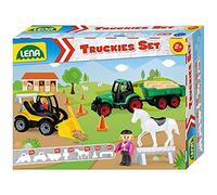 Lena 01632 - Truckies - 13 pièces - Contenu : Tracteur avec remorque de 36 cm, chargeuse sur Roues d'environ 21 cm, 3 Figurines, 1 Cheval, 2 barques et 5 pylônes, véhicules Utilitaires et Figurines