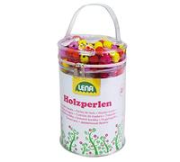 LENA - 32004 - Set de bricolage perles en bois dans un sac, avec 400 perles à enfiler, 5 pendentifs et 6 ficelles, rose, Set de perles à enfiler en bois pour enfants à partir de 4 ans