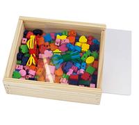 LENA 32020 Kit de Bricolage 164 pièces, 160 Perles à Enfiler en Bois et 4 Cordons dans Une Cassette en Bois refermable pour Enfants à partir de 4 Ans