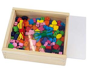 LENA 32020 Kit de Bricolage 164 pièces, 160 Perles à Enfiler en Bois et 4 Cordons dans Une Cassette en Bois refermable pour Enfants à partir de 4 Ans