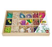 Lena 32024 Kit de bricolage avec plus de 400 perles à enfiler en bois et lettres à enfiler en bois dans une cassette en bois, pour enfants à partir de 4 ans, avec lettres