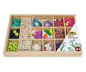 Lena 32024 Kit de bricolage avec plus de 400 perles à enfiler en bois et lettres à enfiler en bois dans une cassette en bois, pour enfants à partir de 4 ans, avec lettres
