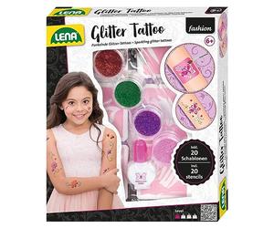 LENA - 42440 - Fashion Glitter Tattoo, set de mode pour styliser et décorer avec 4 couleurs scintillantes, pinceau, latex et dix pochoirs, décoration corporelle lavable pour filles à partir de 6 ans