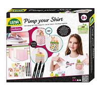 Lena 42599 - Kit de Bricolage Pimp Your Shirt, kit Complet avec 4 Poches Poitrine, 3 Crayons Textiles, des Rubans de décoration et de Nombreuses Feuilles à Repasser, pour Enfants à partir de 8 Ans