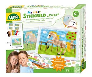 Lena 42625 - Kit de bricolage au motif de cheval - Kit complet avec cadre à broder - Aiguille émoussée en métal - Fil de laine - Grille à broder avec pré-imprimé et instructions (français non garanti)