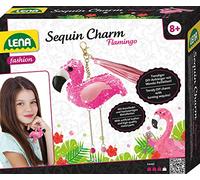 Lena 42659 - Kit de Bricolage - Sequin Charm Flamant Rose - Kit Complet pour 1 Paillettes Porte-Bonheur/Porte-clés avec Ruban en Cuir synthétique, Perles, Aiguille, Remplissage de Laine et