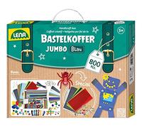LENA - 42665 Coffret de Bricolage Jumbo avec 800 pièces aux Couleurs Vives, avec de la Mousse, du Papier coloré, des Pompons, des Rubans, des Yeux à Billes, des Manches en Bois, partir de 5 Ans, Bleu