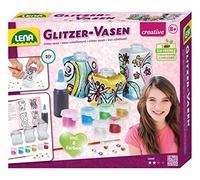 LENA 42693 Kit de Loisirs créatifs Vitrail sur vases pour 3 Petits flacons en Plastique, 6 Couleurs pailletées, Pinceau à Peinture, pâte Contour et Pierres décoratives, à partir de 8 Ans Multicolore