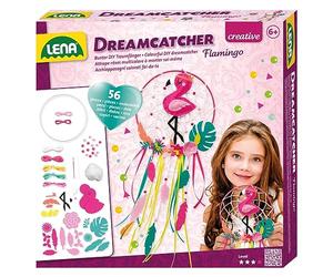 LENA - 42700 - Kit de bricolage Dreamcatcher Flamingo, 56 pièces, pour fabriquer un attrape-rêves avec anneau, rubans et ficelles colorés, perles et fleurs en tissu, kit pour enfants à partir de 6 ans