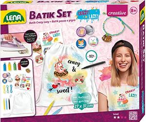 LENA - 42706 - Set de bricolage Batik Crazy & Lazy, avec sac à dos en lin 27 x 31 cm, 4 couleurs de confettis, 3 crayons textiles, feuilles à repasser, Button Pins et bracelet, dès 8 ans