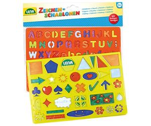 LENA - 65774 Ensemble de gabarits pour Alphabet, Chiffres et Signes, 2 pochoirs avec Lettres, Chiffres, caractères et Formes arithmétiques, 26 x 19 cm, pour Enfants à partir de 3 Ans