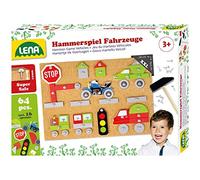 Lena 65826 Jeu de Marteau Véhicules avec 64 pièces colorées de différentes Formes, Plaque de Base en liège, env. 28x19,5x1,4 cm, Jeu de Marteau pour Les Enfants à partir de 3 Ans