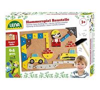 LENA - 65828 Jeu de Marteau Chantier, Jeu de Clous avec 64 pièces colorées et 8 pièces de Chantier, Plaque de Base en liège 28 x 19,5 cm, Marteau et Clous, pour Les Enfants à partir de 3 Ans