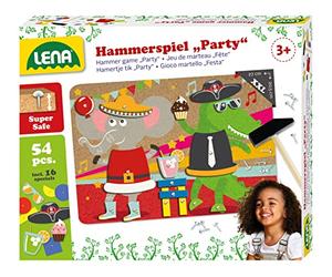 LENA - 65835 - Jeu de Marteau Party, Jeu de Clous avec 38 pièces colorées & 16 pièces spéciales, Plaque de Base XXL en liège env. 28 x 19,5 cm, Marteau et Clous, pour Enfants à partir de 3 Ans