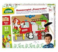 Lena 65836 - Jeu de marteau pompier, jeu de clouage avec 38 pièces colorées & 16 pièces spéciales, plaque de base XXL en liège env. 28 x 19,5 cm, marteau et clous, pour enfants à partir de 3 ans
