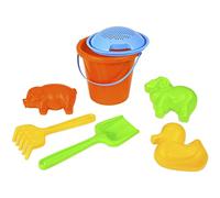 Lena Happy Sand 05416 Happy Sand Set de 7 pièces Ensemble de sable avec seau, passoire, 3 moules (agneau, canard, cochon), râteau et pelle, jouet de sable pour enfants à partir de 12 mois, multicolore