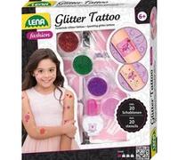Lena 42440 - Fashion Glitter Tattoo, set de mode pour styliser et décorer avec 4 couleurs scintillantes, pinceau, latex et dix pochoirs, décoration corporelle lavable pour filles à partir de 6 ans