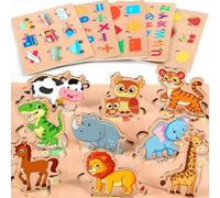 lenbest 6 pcs Puzzle en Bois Enfant - Montessori Jouet Bebe - Puzzle Enfant 2 3 4 Ans - Alphabet Nombre Forme Véhicules Fruit Animal Puzzle - Jouet Enfant 2 3 4 Ans - Cadeau Fille Garcon