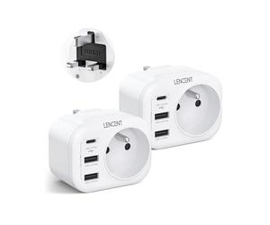 LENCENT 2 Packs Adaptateur Prise UK Anglaise avec 2 Ports USB et 1 Port USB-C - pour Royaume-Uni, Irlande, Écosse, Grande Bretagne, Dubai - Type G Mâle UK Femelle France