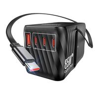 LENCENT 85W Adaptateur Voyage Prise Universelle 3 Type C et 1 USB A Charge Rapide avec Câble USB C rétractable pour Téléphone Tablette PC, Prise Internationale GaN pour UK AU USA Canada Mexique Noir