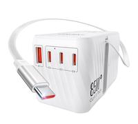 LENCENT 85W Adaptateur Voyage Prise Universelle 3 Type C et 1 USB A Charge Rapide avec Câble USB C rétractable pour Téléphone Tablette PC, Prise Internationale GaN pour UK AU USA Canada Mexique Blanc