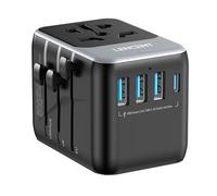 LENCENT Adaptateur de Voyage Universel 5-en-1, 3 USB A + 1 USB C, Prises Interchangeables UE/US/UK/AUS pour +200 Pays, Double Fusible Sécurité, Adaptateur International pour Voyages