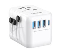 LENCENT Adaptateur de Voyage Universel Blanc 5-en-1, 3 USB A + 1 USB C, Prises Interchangeables UE/US/UK/AUS pour +200 Pays, Double Fusible Sécurité, Adaptateur International pour Voyages