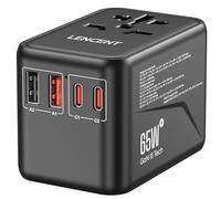 LENCENT Adaptateur de Voyage Universel Chargeur International GaN3 65W avec 2 QC4,0 USB-A et 2 PD3,0 Type C PPS Charge Rapide Adaptateur de Prise européen Mondial vers US UK EU AUS Noir