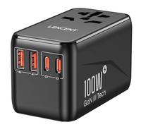 LENCENT Adaptateur de Voyage Universel GaN3 100W Chargeur International avec 2 QC4,0 USB & 2 PD3,0 Type-C PPS Charge Rapide Chargeur Mondial Type A C G I Prise USA UK Canada EU AUS Thaïlande Noir