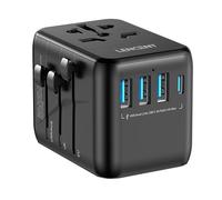 LENCENT Adaptateur de Voyage Universel Noir 5-en-1, 3 USB A + 1 USB C, Prises Interchangeables UE/US/UK/AUS pour +200 Pays, Double Fusible Sécurité, Adaptateur International pour Voyages