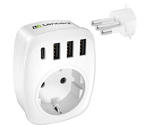 LENCENT Adaptateur Prise Italien Chargeur Voyage Italie avec 3 USB et 1 Type-C, Europe FR 2 Broches vers US 3 Broches pour Italie, Chili, Saint-Marin, Vatican, Uruguay, Syrie, Érythrée, Libye Type L